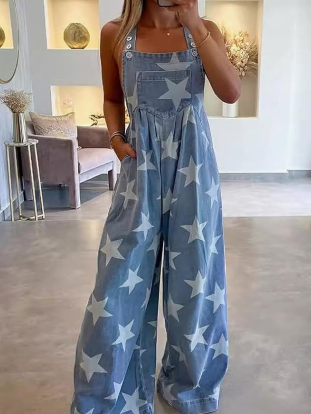 Women’s Star Print Denim Wide-Leg overalls - Light Blue